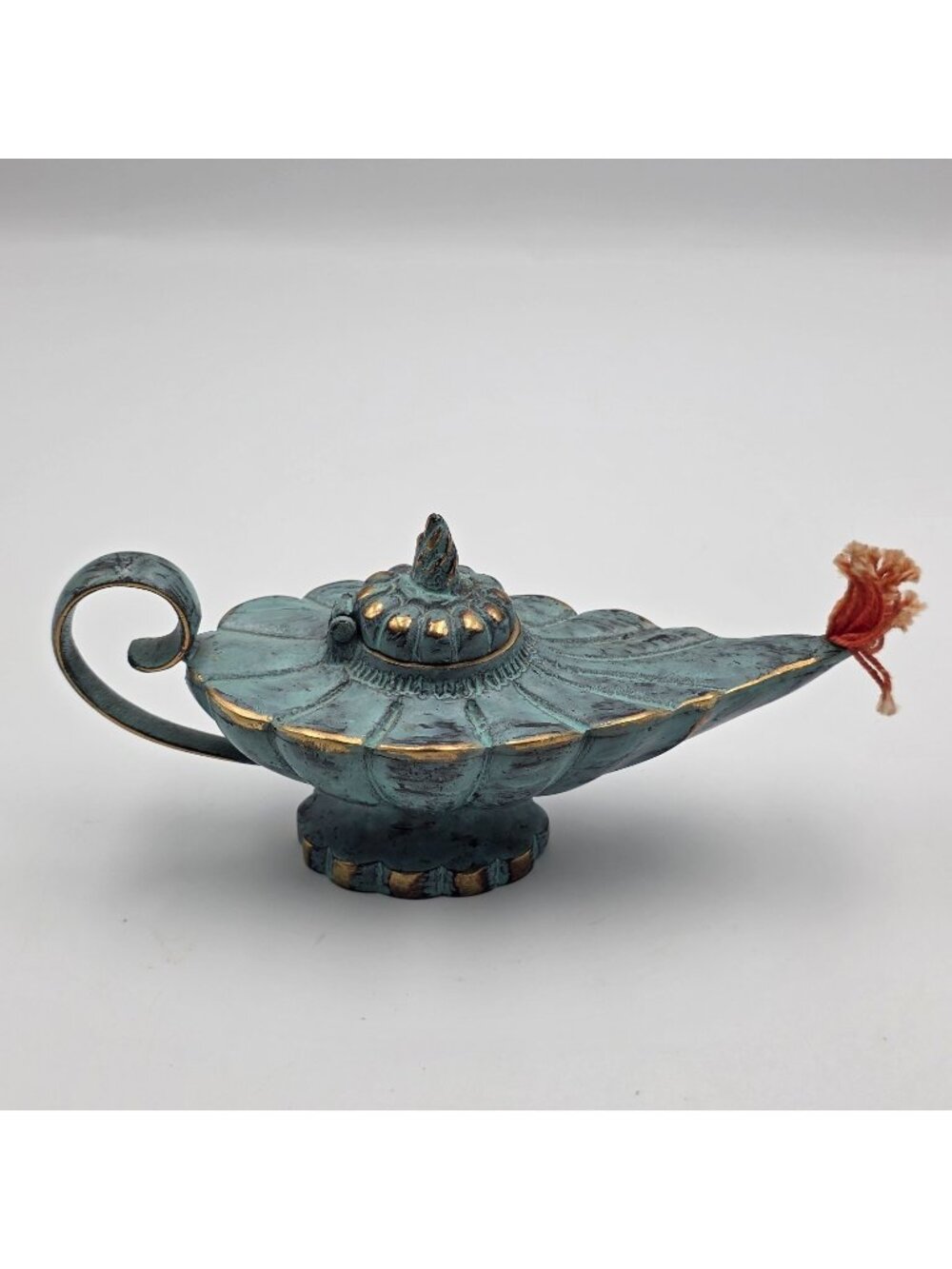 Vintage MCM Brass Genie Oil Lamp M.I. Israel Scalloped Leaf Verdigris Patina